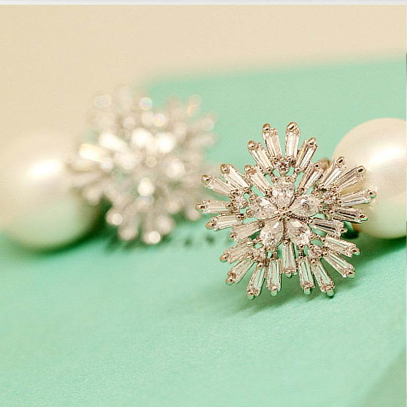 Snowflake Crystal Pearl Earrings