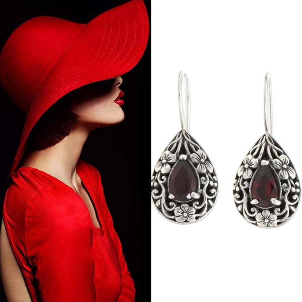 Water Droplet Pear Shaped Vintage Red Rhinestone Earrings