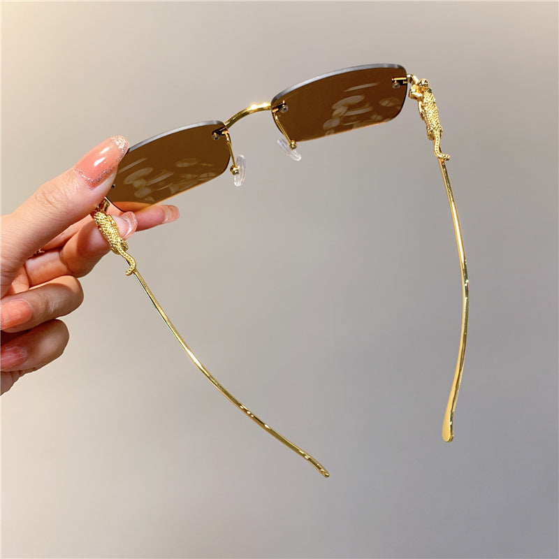 Vintage Rimless Cut Edge Golden Leopard Frame Sunglasses UV400