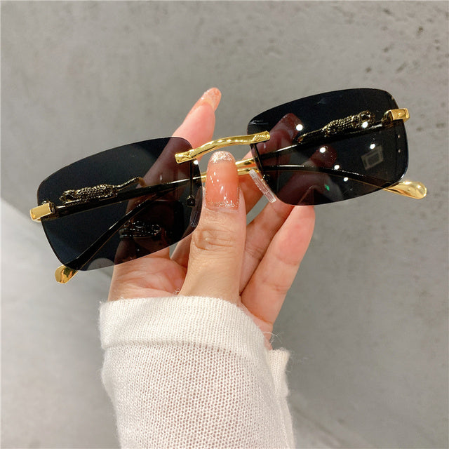 Vintage Rimless Cut Edge Golden Leopard Frame Sunglasses UV400